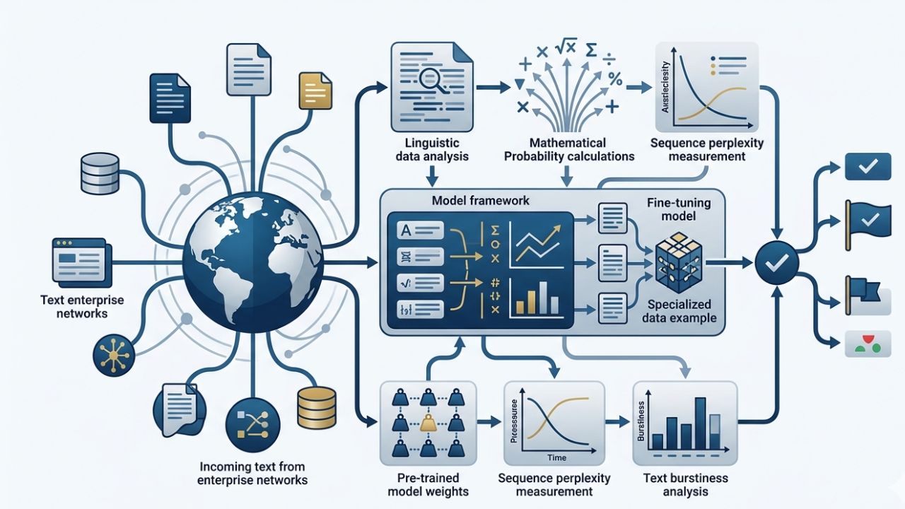 A detailed technical diagram explaining the huggingface ai detector framework for enterprise networks.