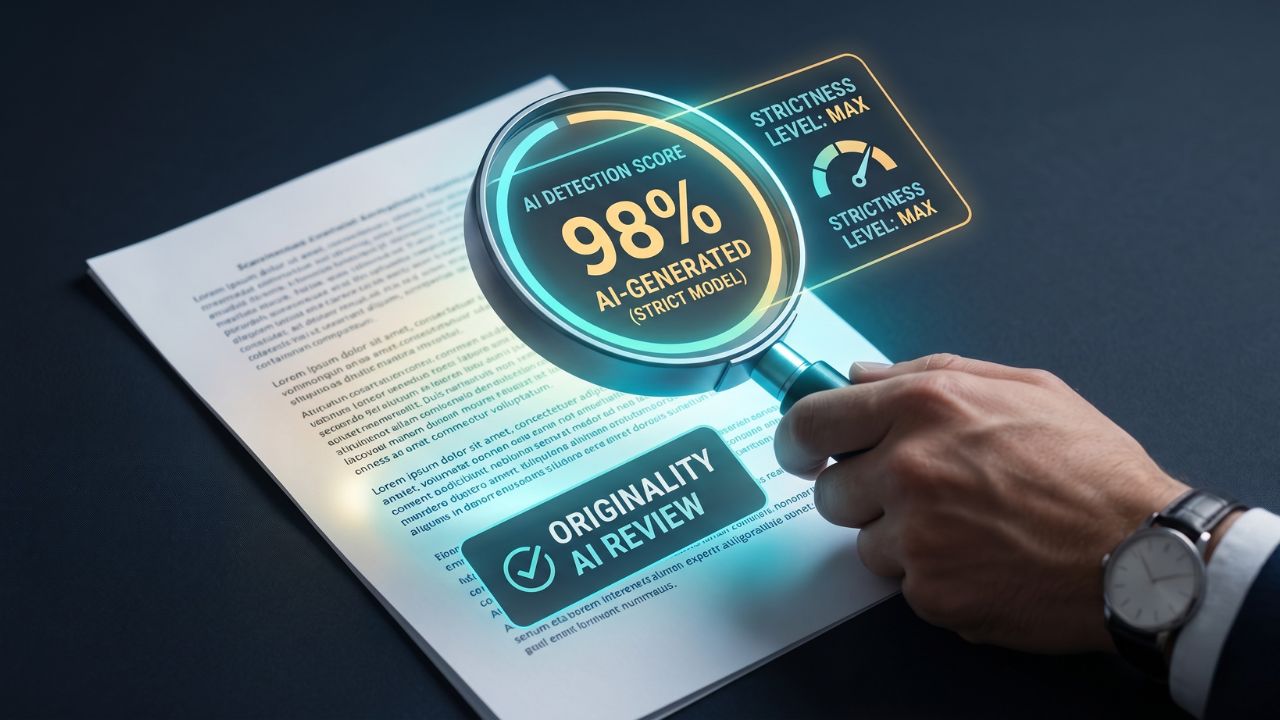 A computer screen displaying an Originality AI review with a high detection score