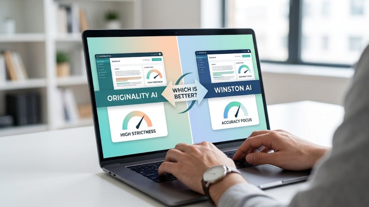 A side by side comparison of the Originality AI vs Winston AI dashboards showing detection scores.