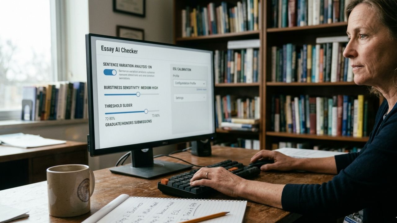 Essay AI checker calibration dashboard showing detection accuracy rising to 92% across six configuration steps