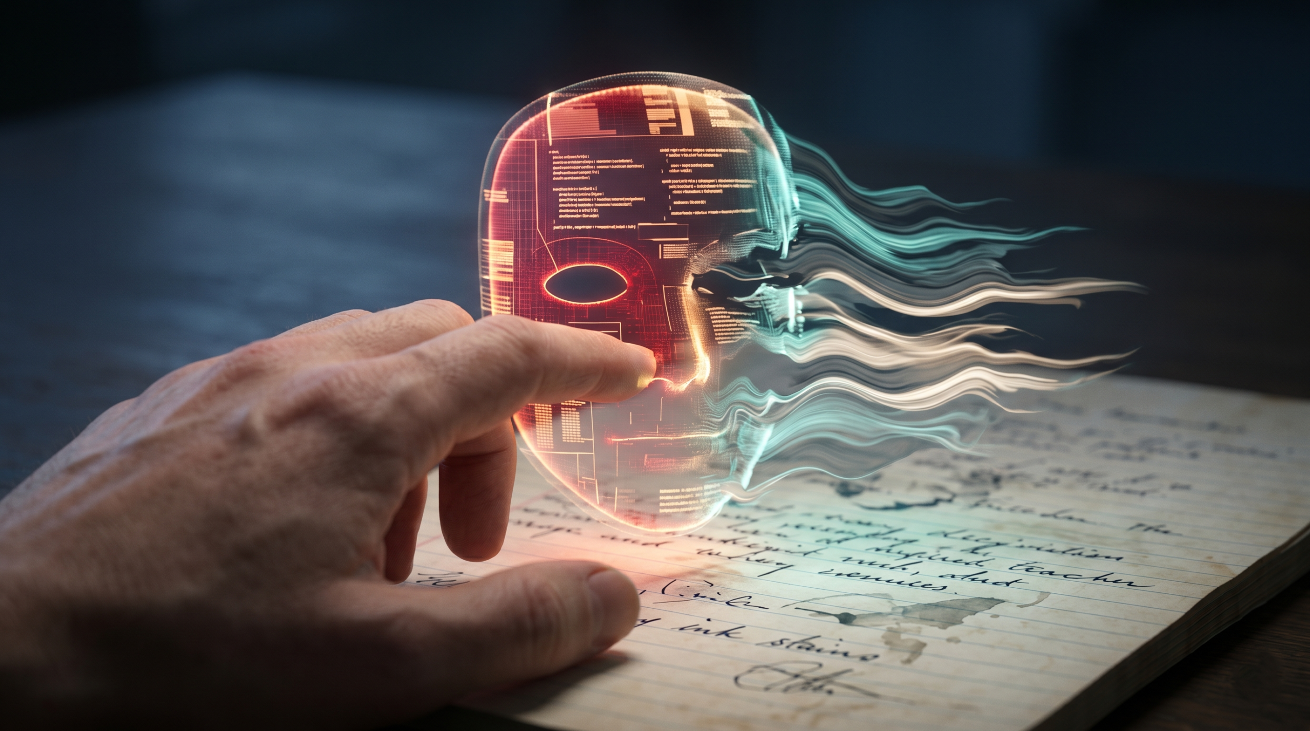A split-screen graphic showing an AI detector dashboard and a teacher reviewing a student essay with fairness metrics.