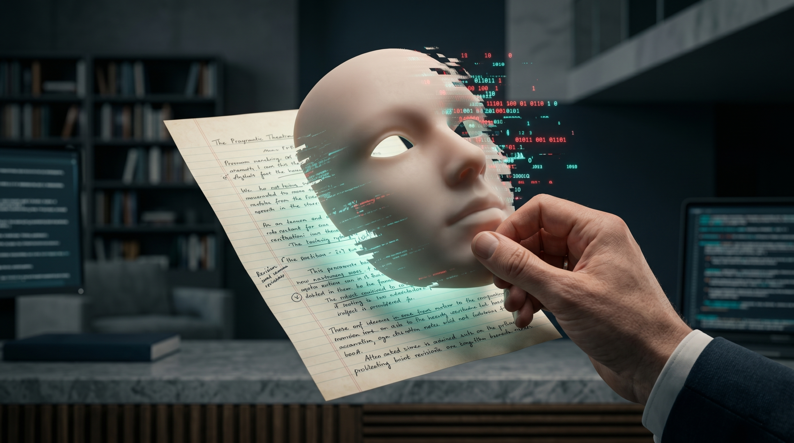A teacher reviewing a student essay version history on a monitor to verify human writing and overturn a false AI detector score.