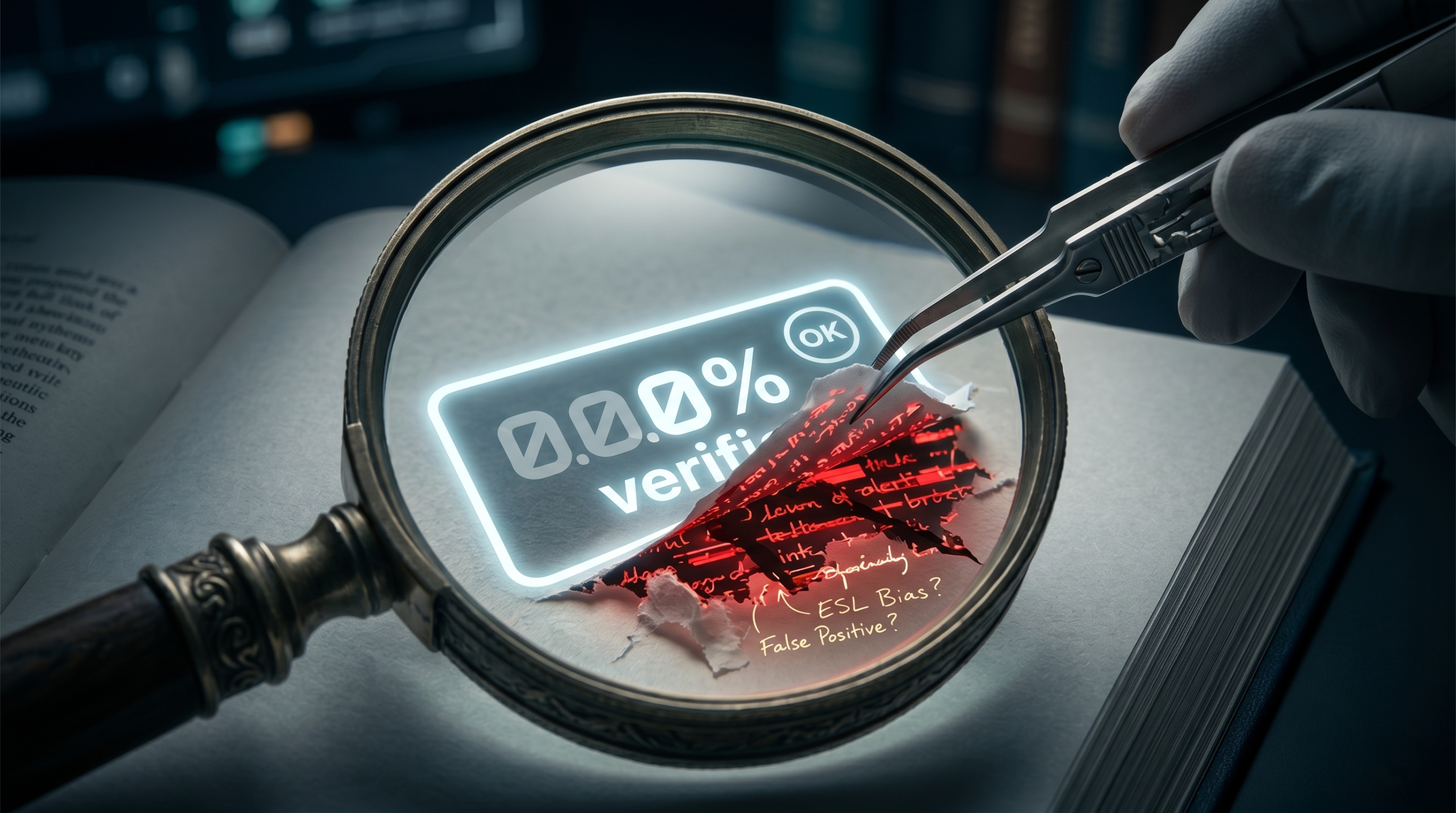 A split screen showing Turnitin's automated AI detection percentage score on the left and a professor manually checking a document's version history on the right.